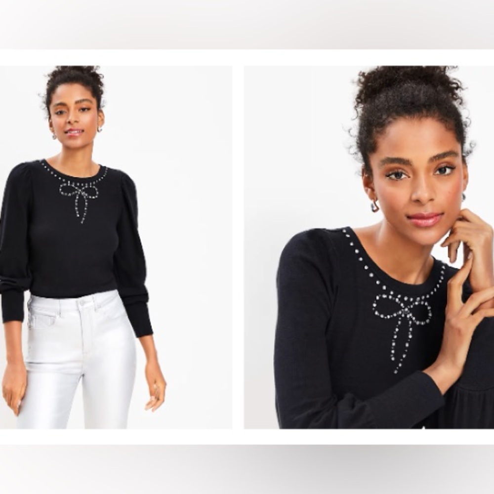 LOFT Black Long Sleeve Top with Rhinestone Bow